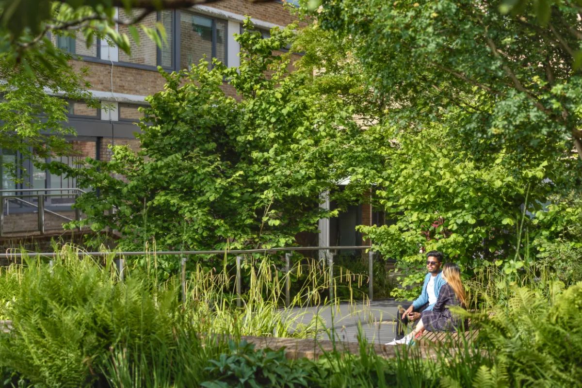 Two students sit on campus surrounded by greenery.