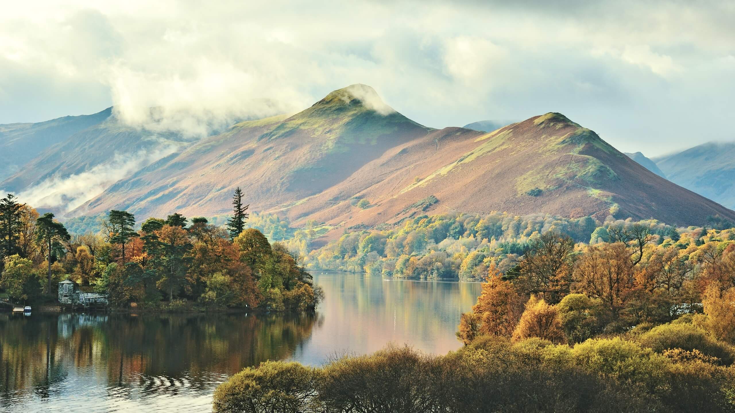 An autumnal view of a lake and mountains in the Lake District