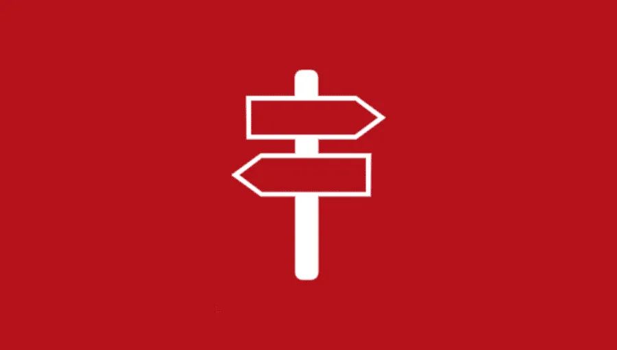 A simplified icon of a signpost, white on a red background.