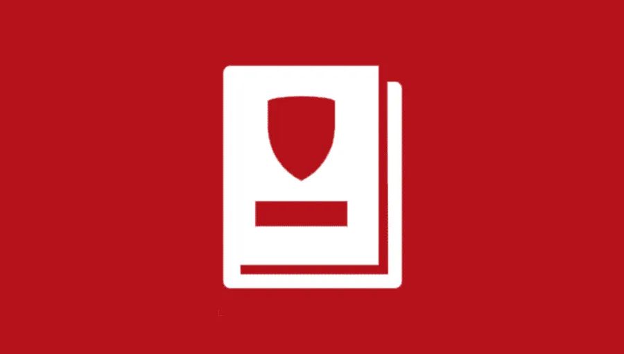 A simplified icon of a book with the university shield on the cover, white on a red background